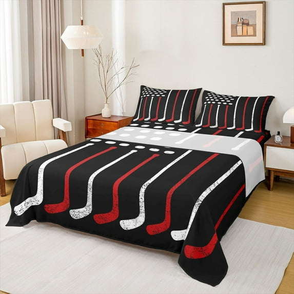 Homewish Hockey Stick Queen Sheet Sets,Hockey Sports Game Flat Sheet,Red White Black Queen Fitted Sheet For Boys Teens,Ultra Soft Home Decor,4 Pieces