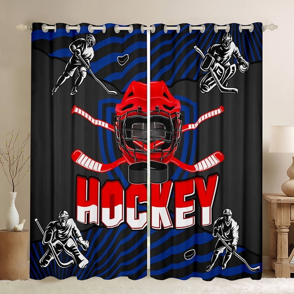 Homewish Hockey Theme Black Out Curtains,Ice Hockey Helmet Curtains Pack of 2 (42x63 Each),Red Black Bedroom Curtains For Kids,Microfiber Bedroom Decor