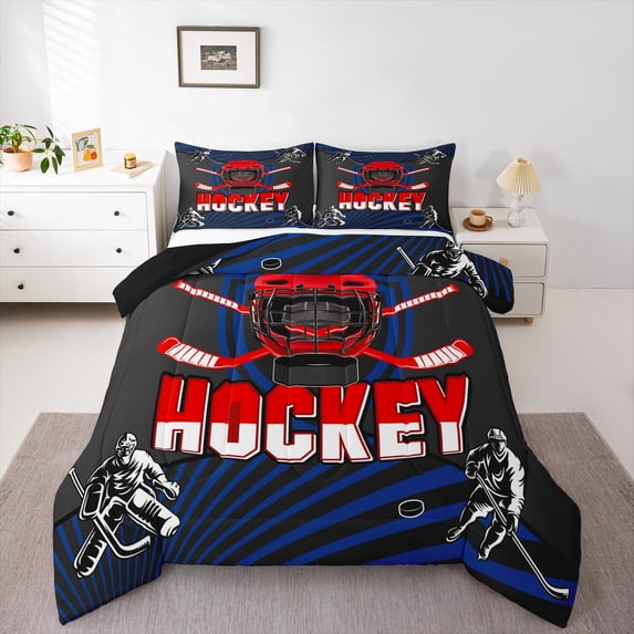 Homewish Hockey Theme Full Size Comforter Sets,Ice Hockey Helmet Bedding Comforter Set,Red Black Bedding Sets For Kids,Microfiber Bedroom Decor Reversible,3-Piece
