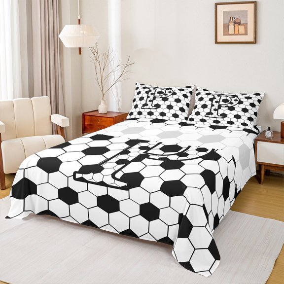 Homewish Black White Monogrammed P King Sheet Set, Abstract Honeycomb Bedding, 4pcs