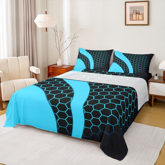 Homewish Honeycomb Stripes King Sheet Set, 4Pcs Black Blue Geometric Hexagon Microfiber Bedding
