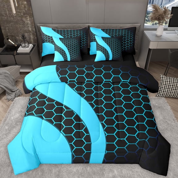 Homewish Honeycomb Stripes Bedding Comforter Set 7-Piece for Children Teens Adults,Black Blue King Bedding Sets,Geometric Hexagon Ultra Soft Bed Sheets,Lightweight Room Decor,Reversible