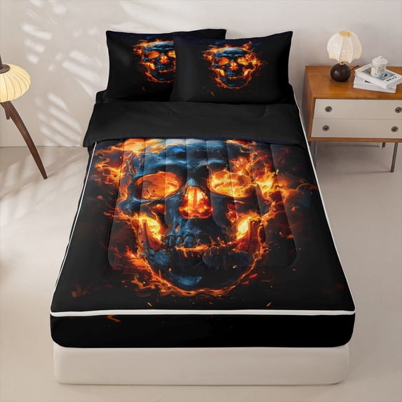 Homewish Horror Glowing Skull Zipper Full Size Comforter Sets with Fitted Sheet and 2 Pillowcases,Skeleton Halloween Zipper Bedding Set,Orange Black,Black Reversible,4pcs