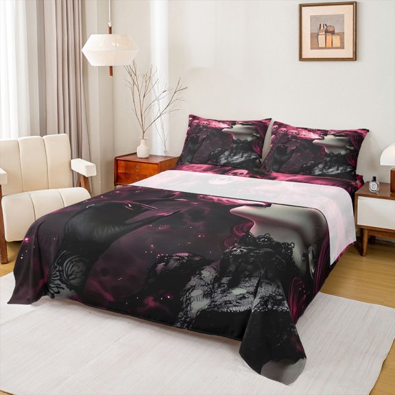 Homewish Horror Goth Girl Bed Sheets for Women, Skull Choker Art Full Size Sheets, 4pcs, 1 Flat Sheet, 1 Fitted Sheet and 2 Pillowcases