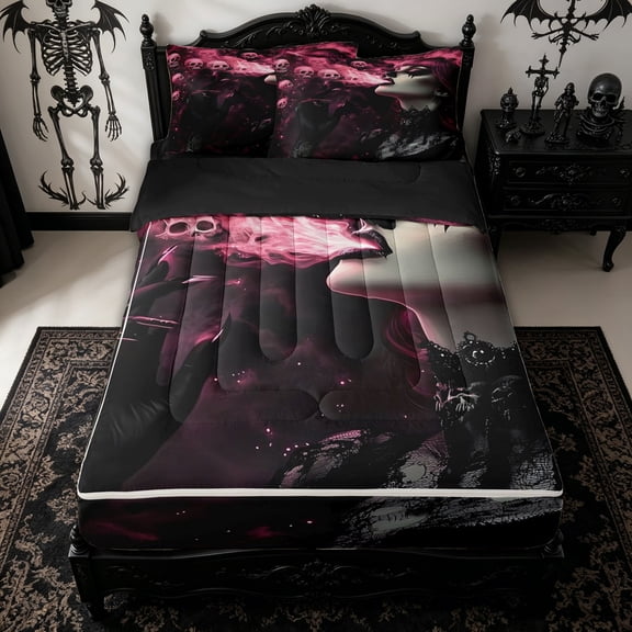 Homewish Horror Goth Girl Zipper Queen Comforter Set with Fitted Sheet and 2 Pillowcases for Women, Skull Choker Art Zipper Bedding Set, Black Reversible, 4pcs