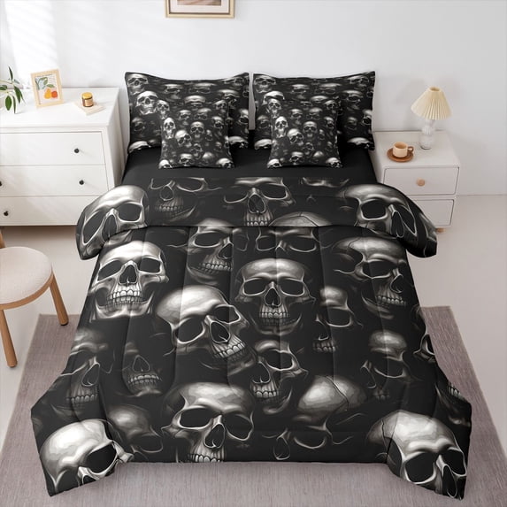 Homewish Horror Gothic Skull 7-Piece Twin Bedding,Halloween Themed Bedding Comforter Set,Gray,Black Reversible