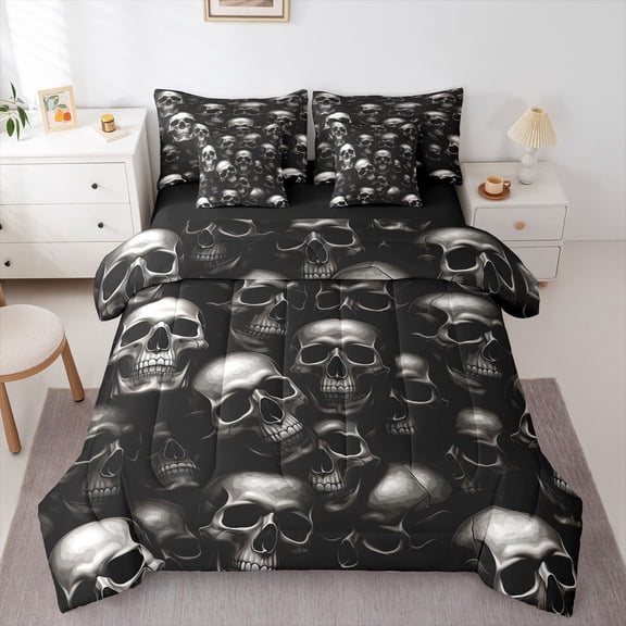 Homewish Horror Gothic Skull 7-Piece Twin Bedding,Halloween Themed Bedding Comforter Set,Gray,Black Reversible
