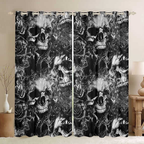 Homewish Horror Gothic Skull Blackout Curtains,Gray Rose Floral Curtains Pack of 2 (42x84 Each),Halloween Living Room Curtains