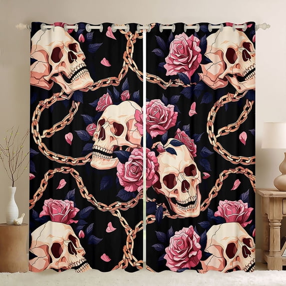 Homewish Horror Gothic Skull Blackout Curtains Set of 2 (52x84 Each),Pink Rose Flowers Curtain,Happy Halloween Living Room Curtains