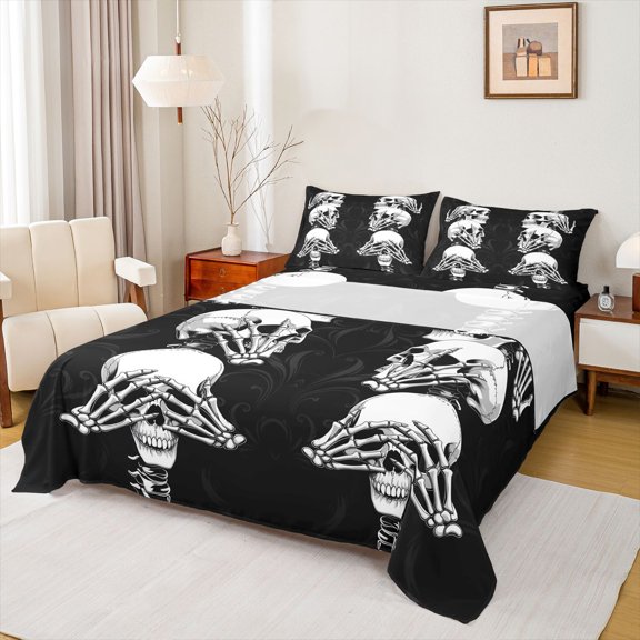 Homewish Horror Gothic Skull Queen Sheets,Halloween Skeleton Bones Queen Sheet Sets,Black White,4pcs,1 Flat Sheet, 1 Fitted Sheet and 2 Pillowcases