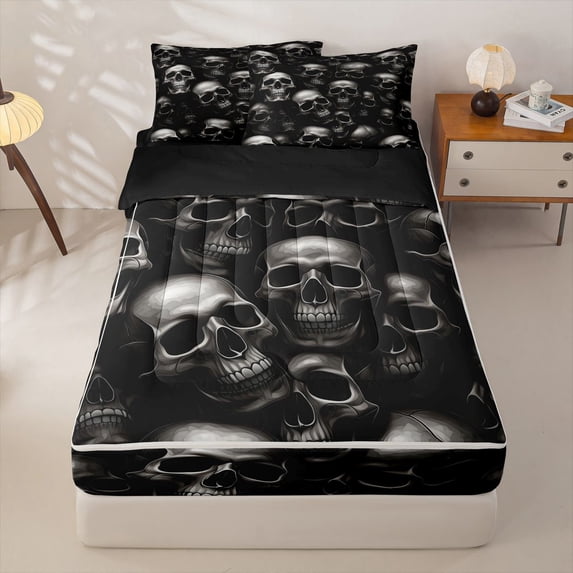 Homewish Horror Gothic Skull Zipper Twin Comforter Sets with Fitted Sheet and 2 Pillowcases,Halloween Themed Zipper Bedding Set,Gray,Black Reversible,4pcs