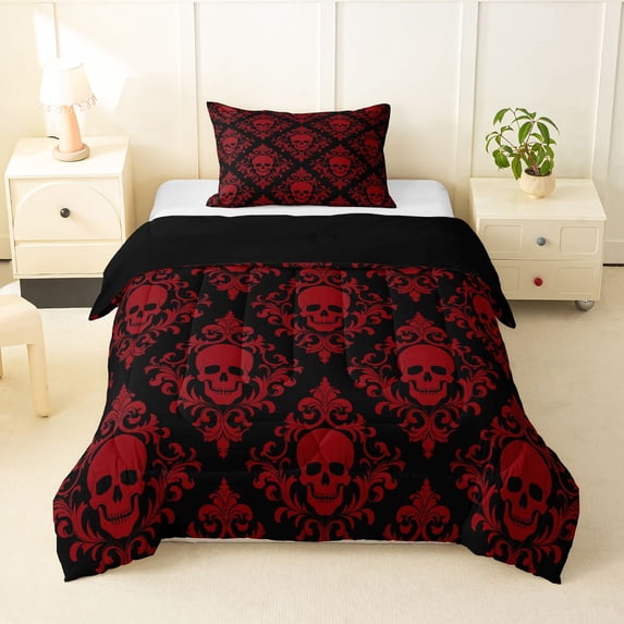 Homewish Horror Halloween Skull Twin Comforter Sets,Boho Damask Bedding Set,Black Red,Black Reversible,2pcs,1 Comforter and 1 Pillowcase