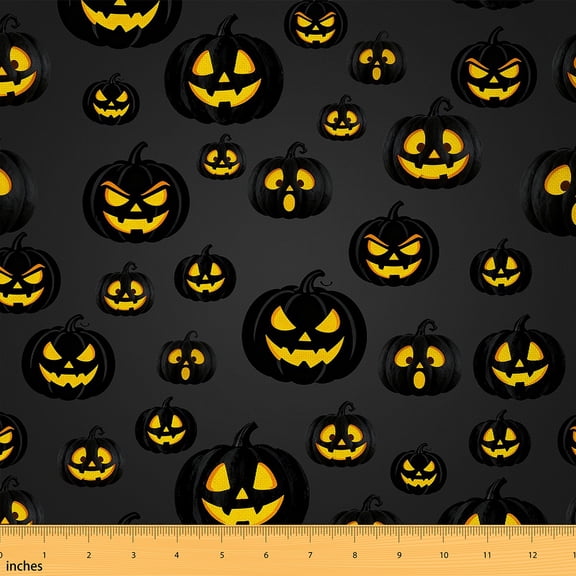 Homewish Horror Pumpkin Child Fabric by the Yard 1 Yard, Horror Cartoon Room Decor Fabric by the Yard, Black Orange Halloween Sewing Fabric, Lightweight Room Decor