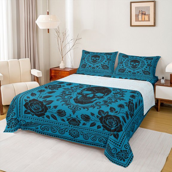 Homewish Horror Skull Damask Bed Sheets,Goth Romantic Rose Full Size Sheets,Halloween Bed Set,4-Piece,1 Flat Sheet, 1 Fitted Sheet and 2 Pillowcases