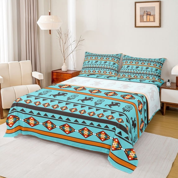 Homewish Horse Aztec Cyan Orange Twin 3-Piece Reversible Boys Kids Ultra Soft Western Boho Sheet Set