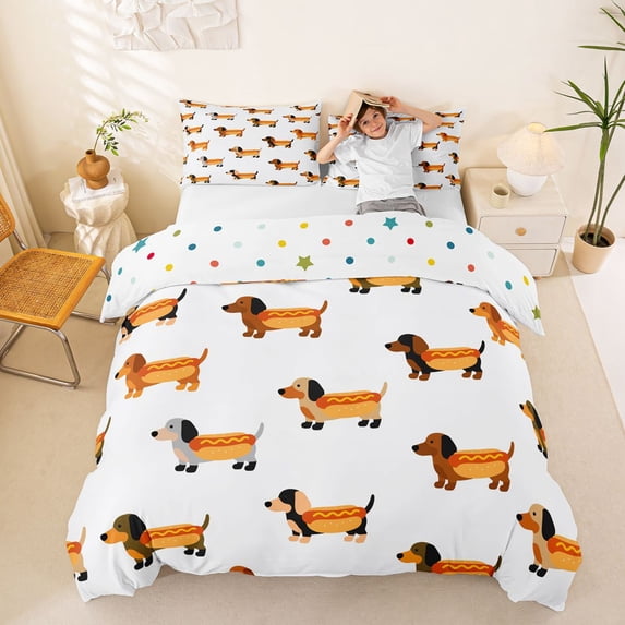 Homewish Hot Dog Dachshund Bedding,Cute Cartoon Puppy Duvet Cover Full,White,Polkadot Reversible,3pcs,1 Duvet Cover and 2 Pillowcases