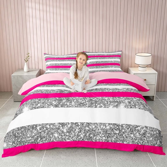 Homewish Hot Pink White Gray Striped Duvet Cover Queen, Modern Minimalist Queen Bedding, Pink Reversible, 3 Pieces 1 Duvet Cover and 2 Pillowcases