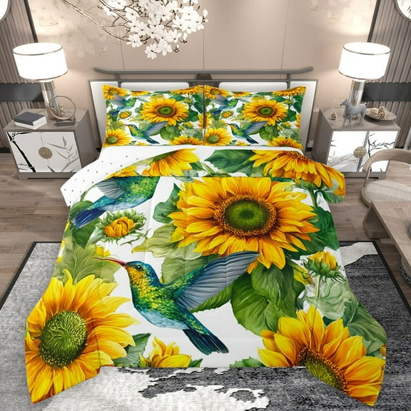 Homewish Hummingbird Animal Bedding Comforter Set 2pcs for Teens Boys Girls,Floral Sunflower Flower Twin Comforter Sets Microfiber,Green Yellow Breathable Bedding Set,Lightweight Room Decor