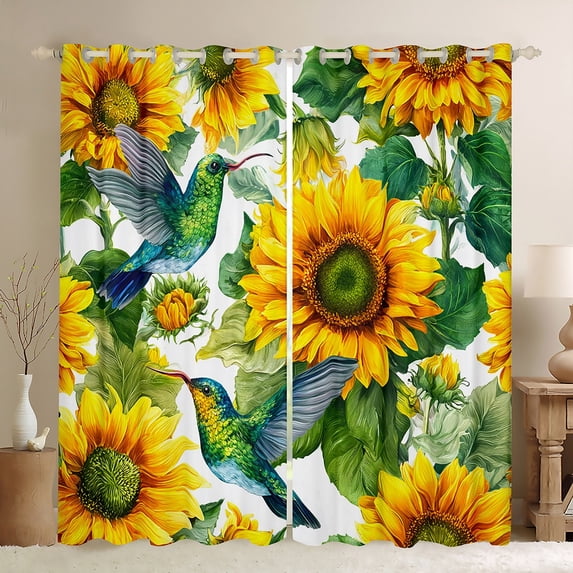 Homewish Hummingbird Animal Blackout Curtains Set of 2 (52x84 Each) for Teens Boys Girls,Floral Sunflower Flower Window Curtains,Green Yellow Curtains and Drapes,Lightweight Room Decor