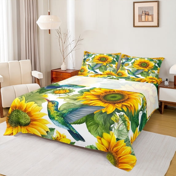 Homewish Hummingbird Animal Twin Sheet Sets 3pcs for Teens Boys Girls,Floral Sunflower Flower Twin Fitted Sheet Microfiber,Green Yellow Breathable Flat Sheet,Lightweight Room Decor