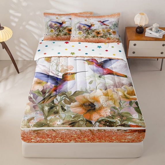 Homewish Hummingbird Floral Zipper Twin Comforter Sets with Fitted Sheet and 2 Pillowcases, Orange Sequin Print Zipper Bedding Set, Polka Dots Reversible, 4pcs