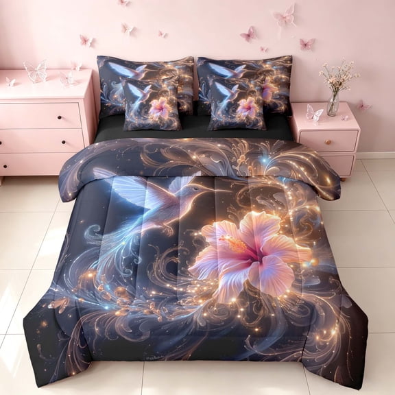 Homewish Hummingbird Twin Bedding, Glowing Flower Floral Bedding Comforter Set for Girls, Black Reversible, 7pcs