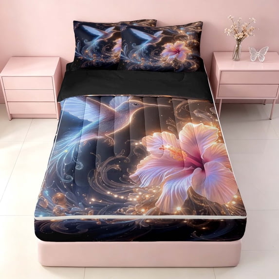 Homewish Hummingbird Zipper Twin Comforter Sets with Fitted Sheet and 2 Pillowcases, Glowing Flower Floral Zipper Bedding Set for Girls