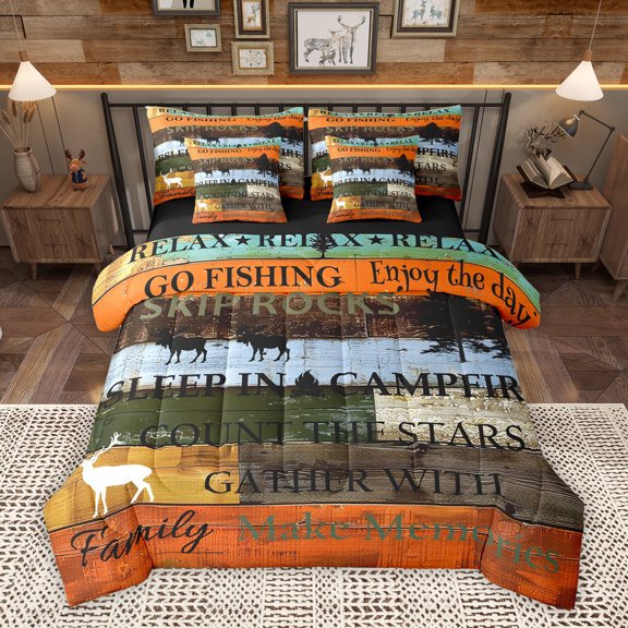 Homewish Hunting and Fishing Bedding Comforter Set 7pcs, Rustic Lodge Cabin King Bedding Sets, Western Farmhouse Reversible Bed Sheets, Orange Brown Lightweight Room Decor