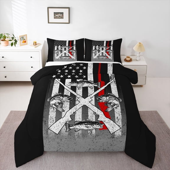 Homewish Hunting and Fishing Bedding Comforter Set, Rustic Lake House Twin Comforter Sets, Black Grey American Flag Reversible Bedding Set, Ultra Soft Bedroom Decor, 2-Piece