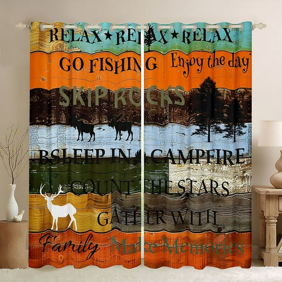 Homewish Hunting and Fishing Black Out Curtains, Rustic Lodge Cabin Curtains Pack of 2 (42x63 Each), Western Farmhouse Bedroom Curtains, Orange Brown Black Out Curtains Room Decor