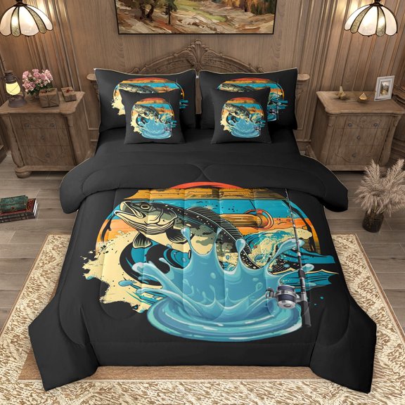 Homewish Hunting and Fishing Twin Bedding Sets 7-Piece for Men, Base Fish Print Bedding Comforter Set, Vintage Lake House Reversible Sheet Sets, Lightweight Room Decor