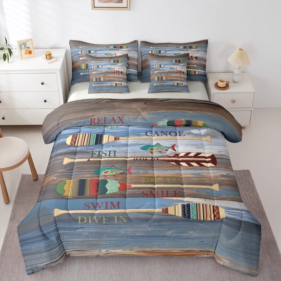 Homewish Hunting and Fishing Twin Bedding Sets 7-Piece, Rustic Cabin Paddle Bedding Comforter Set, Blue Old Barn Door Reversible Sheet Sets, Microfiber Bedroom Decor