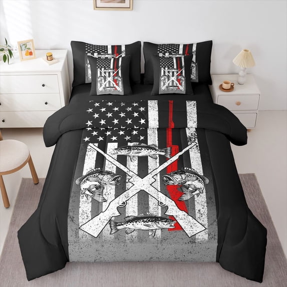 Homewish Hunting and Fishing Twin Bedding Sets 7-Piece, Rustic Lake House Bedding Comforter Set, Black Grey American Flag Reversible Sheet Sets, Ultra Soft Bedroom Decor