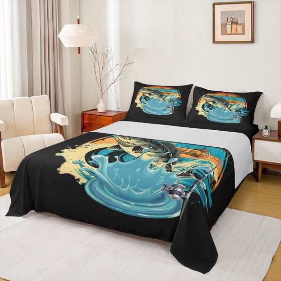 Homewish Hunting and Fishing Twin Sheet Sets for Men, Base Fish Print Twin Fitted Sheet, Vintage Lake House Flat Sheet, Lightweight Room Decor, 3 Pieces