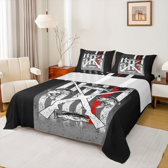 Homewish Hunting and Fishing Twin Sheet Sets, Rustic Lake House Twin Fitted Sheet, Black Grey American Flag Flat Sheet, Ultra Soft Bedroom Decor, 3-Piece