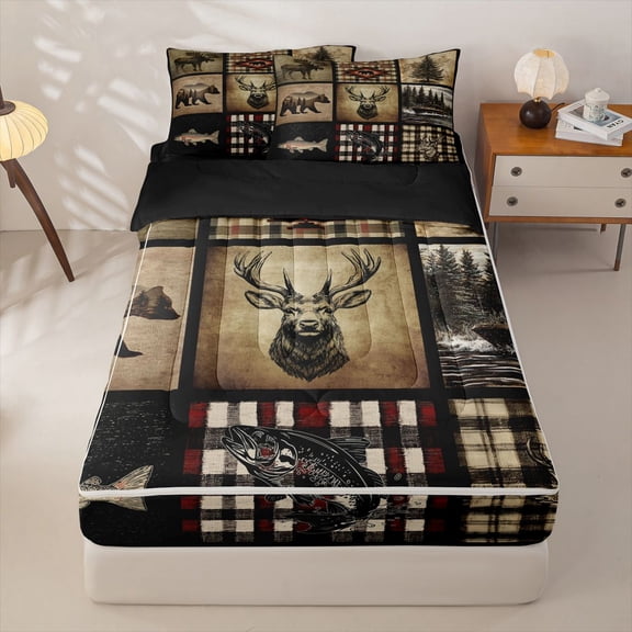 Homewish Hunting And Fishing Zipper Twin Comforter Sets with Fitted Sheet and 2 Pillowcases,Deer Bear Fish Zipper Bedding Set,Black Reversible,4 Pieces