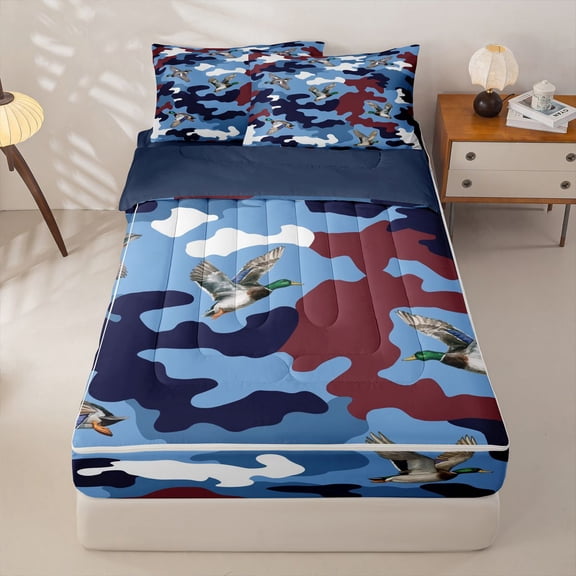 Homewish Hunting Mallard Duck Zipper Twin Comforter Sets with Fitted Sheet and 2 Pillowcases,Farmhouse Blue Camo Zipper Bedding Set,Black Reversible,4-Piece