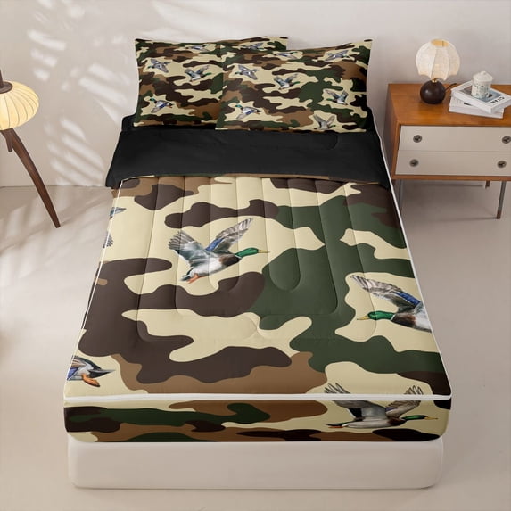 Homewish Hunting Mallard Duck Zipper Twin Comforter Sets with Fitted Sheet and 2 Pillowcases,Farmhouse Green Camouflage Zipper Bedding Set,Black Reversible,4-Piece