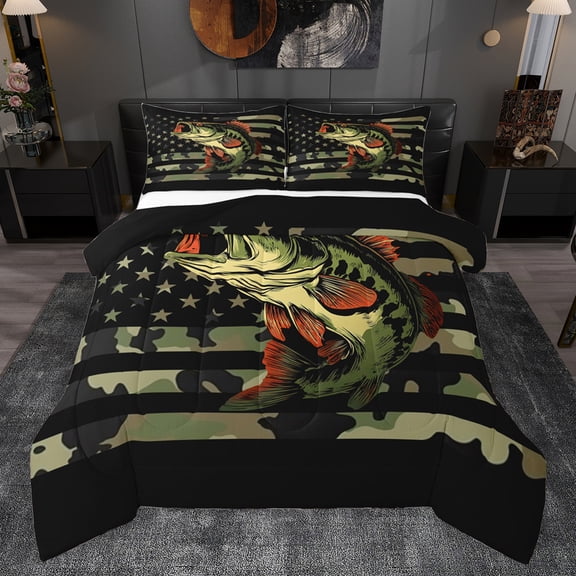 Homewish Hunting Pike Fish Bedding Comforter Set, Olive Camouflage Twin Comforter Sets, Rustic Farmhouse Cabin Reversible Bedding Set, Breathable Home Decor, 2pcs