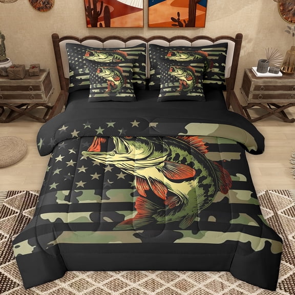 Homewish Hunting Pike Fish Twin Bedding Sets 7-Piece, Olive Camouflage Bedding Comforter Set, Rustic Farmhouse Cabin Reversible Sheet Sets, Breathable Home Decor