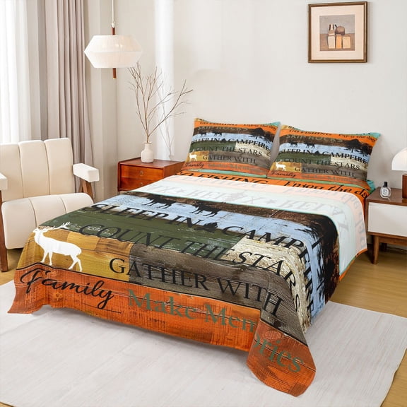 Homewish Hunting and Fishing Full Size Sheets, Rustic Lodge Cabin Bed Sheets, Western Farmhouse Sheet Sets, Orange Brown Lightweight Room Decor, 4pcs