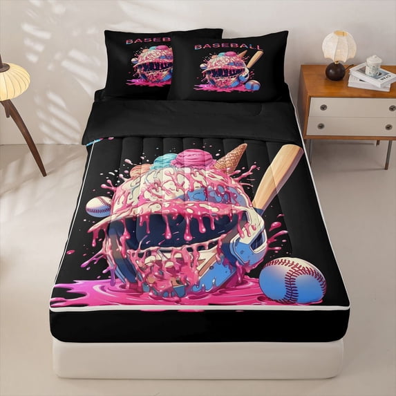 Homewish Ice Cream Baseball Helmet Print Zipper Twin Comforter Sets with Fitted Sheet and 2 Pillowcases,Fun Sports Zipper Bedding Set For Kids Boys And Girls,Reversible,4 Pieces