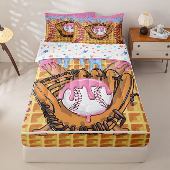 Homewish Ice Cream Baseball Zipper Twin Comforter Sets with Fitted Sheet and 2 Pillowcases,Girls Ball Sport Theme Zipper Bedding Set For Kids,Reversible,4 Pieces