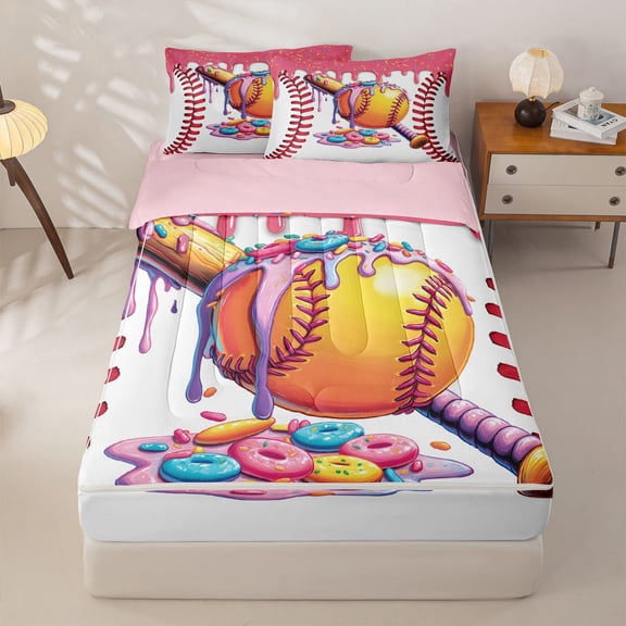 Homewish Ice Cream Drip Zipper Twin Comforter Sets with Fitted Sheet and 2 Pillowcases,Baseball Sport Zipper Bedding Set For Kids Girls,Pink Reversible,4-Piece