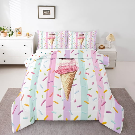 Homewish Ice Cream Popsicle 2pcs Bedding Comforter Set for Boys Girls Teens,Kawaii Fast Food Twin Comforter Sets,Cartoon Geometric Stripes Breathable Bedding Set,Ultra Soft Home Decor,Reversible