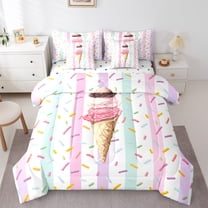 Homewish Ice Cream Popsicle 7-Piece Twin Bedding Sets for Boys Girls Teens,Kawaii Fast Food Bedding Comforter Set,Cartoon Geometric Stripes Breathable Sheet Sets,Ultra Soft Home Decor,Reversible