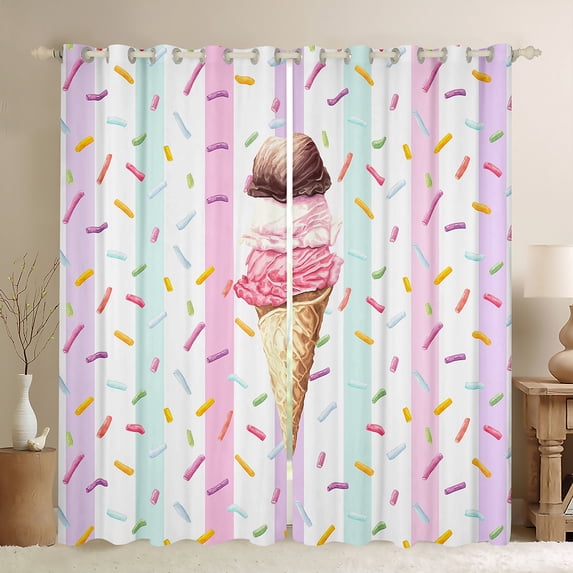 Homewish Ice Cream Popsicle Black Out Curtains for Boys Girls Teens,Kawaii Fast Food Curtains Pack of 2 (42x63 Each),Cartoon Geometric Stripes Bedroom Curtains,Ultra Soft Home Decor