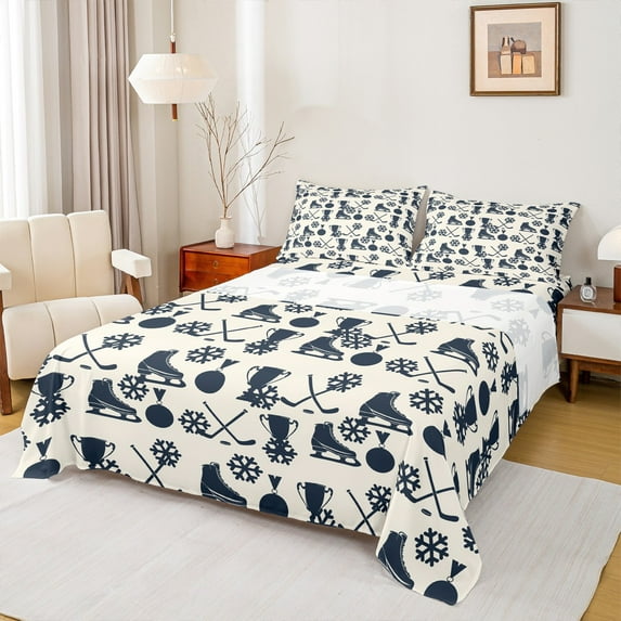 Homewish Ice Hockey 4 Pieces Queen Sheet Sets For Teens,Ball Game Ultra Soft Flat Sheet,Sport Theme Queen Fitted Sheet,Luxury Bedroom Decor