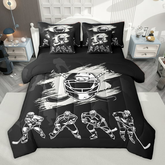 Homewish Ice Hockey 7-Piece Twin Bedding Sets,Boys Ball Game Bedding Comforter Set,Gray Black Sheet Sets For Boys Teens,Ultra Soft Home Decor Reversible
