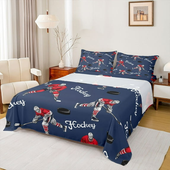 Homewish Ice Hockey Athlete Full Size Sheets for Teens, Est Sleep Sports Bed Sheets, Navy Red Sheet Sets, Lightweight Room Decor, 4pcs